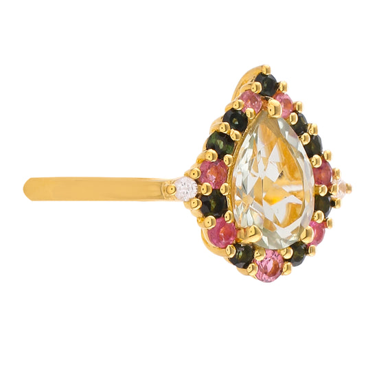 Pozlátený Strieborný Prsteň s so Zeleným Ametystom a Ružovým Turmalínom