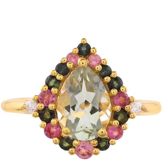 Pozlátený Strieborný Prsteň s so Zeleným Ametystom a Ružovým Turmalínom