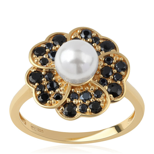 Pozlátený Strieborný Prsteň s Čiernym Spinelom a Bielou Sladkovodnou Perlou