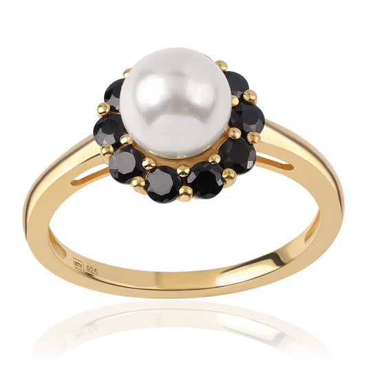 Pozlátený Strieborný Prsteň s Čiernym Spinelom a Bielou Sladkovodnou Perlou