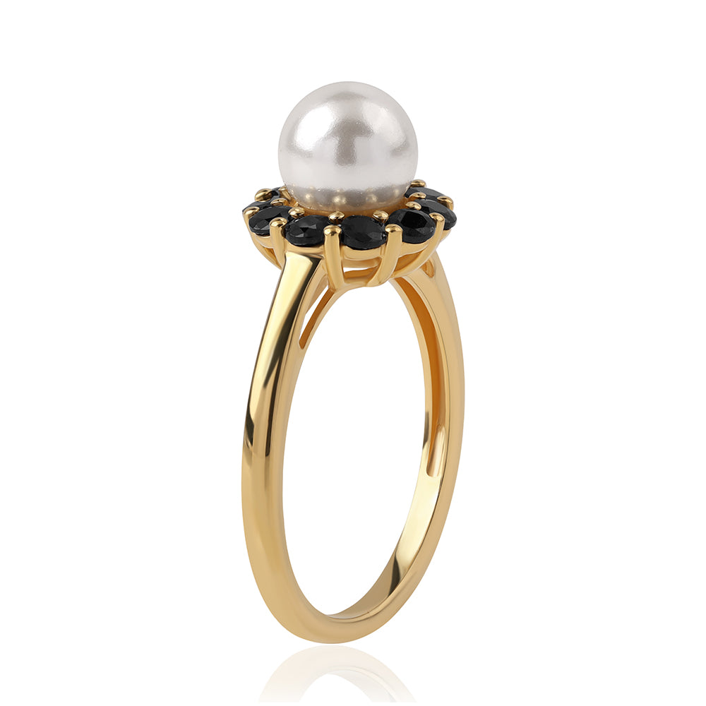 Pozlátený Strieborný Prsteň s Čiernym Spinelom a Bielou Sladkovodnou Perlou 2 