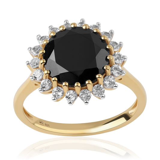 Pozlátený Strieborný Prsteň s Čiernym Spinelom a Bielym Topásom