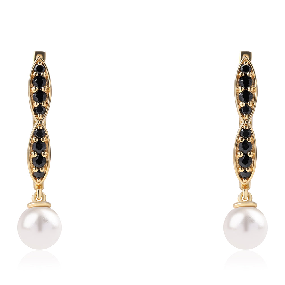 Pozlátené Strieborné Náušnice s Čiernym Spinelom a Bielou Sladkovodnou Perlou
