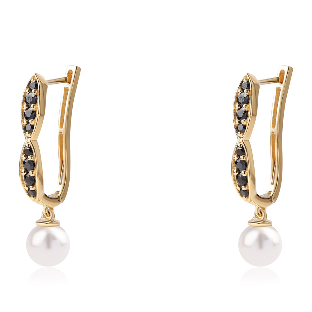 Pozlátené Strieborné Náušnice s Čiernym Spinelom a Bielou Sladkovodnou Perlou