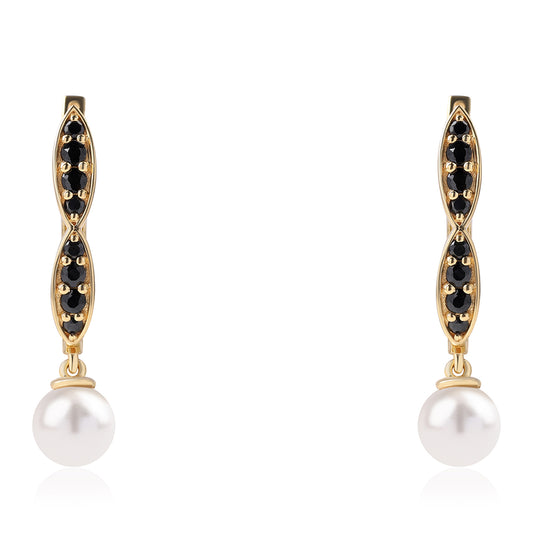 Pozlátené Strieborné Náušnice s Čiernym Spinelom a Bielou Sladkovodnou Perlou