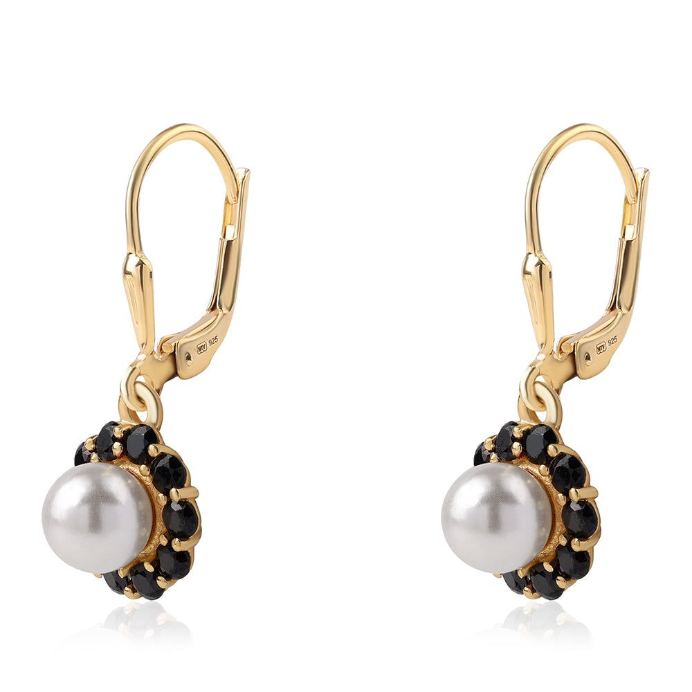 Pozlátené Strieborné Náušnice s Čiernym Spinelom a Bielou Sladkovodnou Perlou 1 