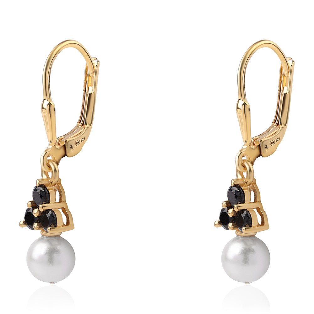 Pozlátené Strieborné Náušnice s Čiernym Spinelom a Bielou Sladkovodnou Perlou 2 