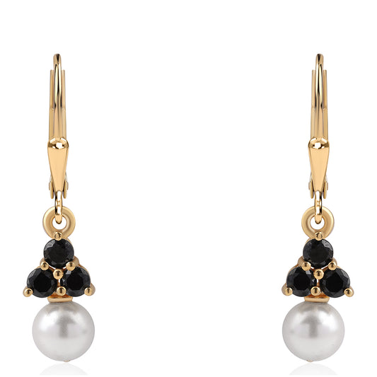 Pozlátené Strieborné Náušnice s Čiernym Spinelom a Bielou Sladkovodnou Perlou