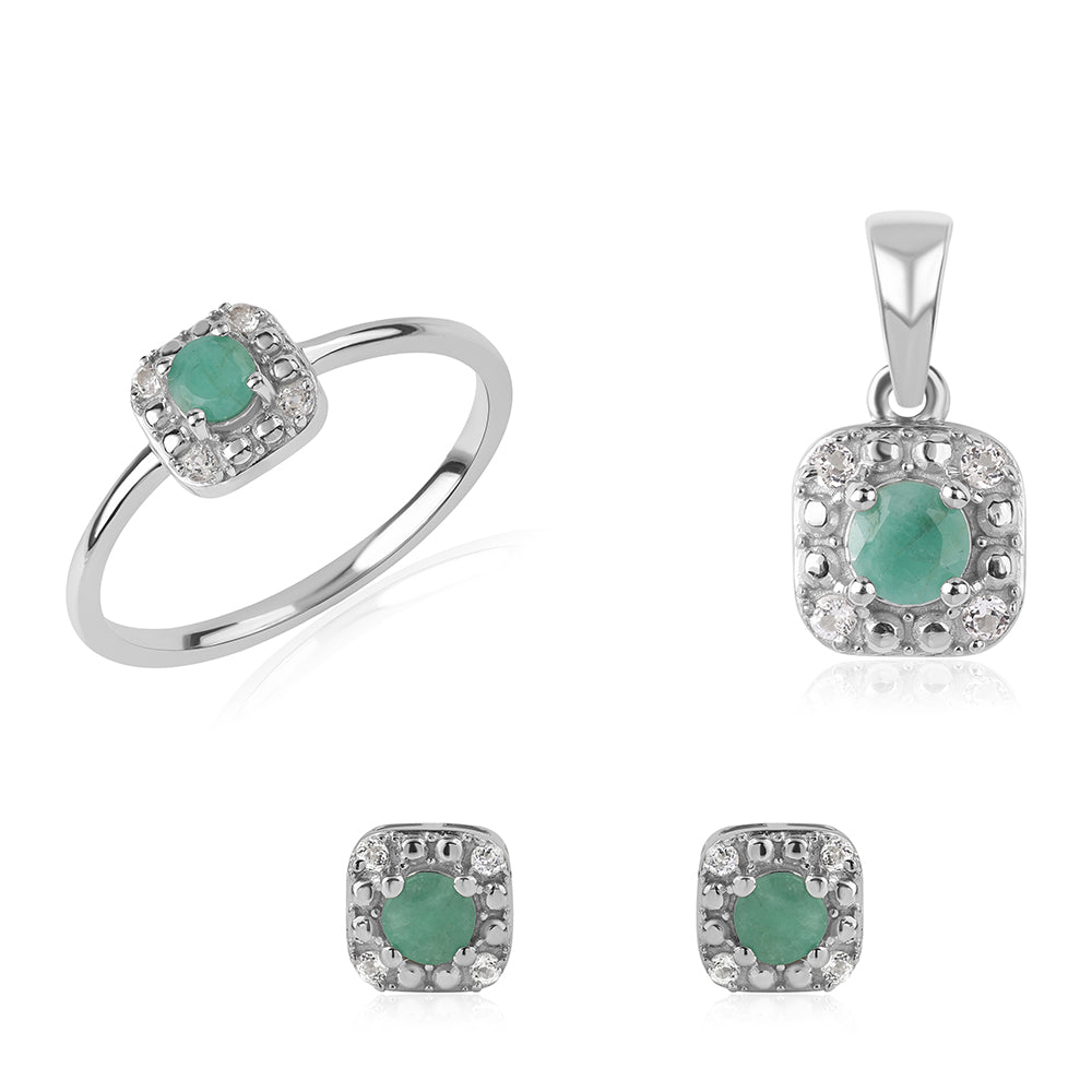 Strieborné Sada s Brazílskym Smaragdom a Bielym Topásom ( Náušnice+Prsteň +Prívesok ) 1 