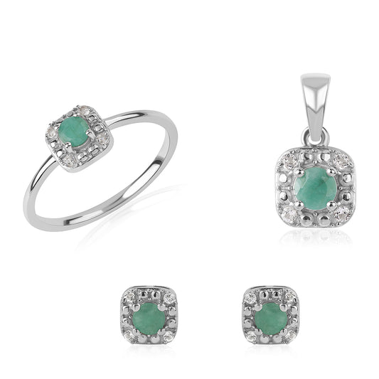 Strieborné Sada s Brazílskym Smaragdom a Bielym Topásom ( Náušnice+Prsteň +Prívesok )