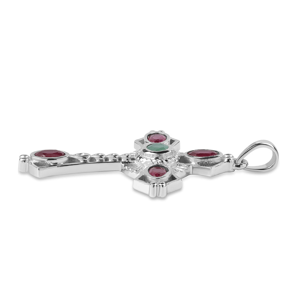 Kríž Strieborný Prívesok s Brazílskym Smaragdom a Mozambickým Rubínom 3 