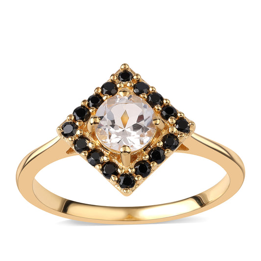Pozlátený Strieborný Prsteň s Čiernym Spinelom a Bielym Topásom
