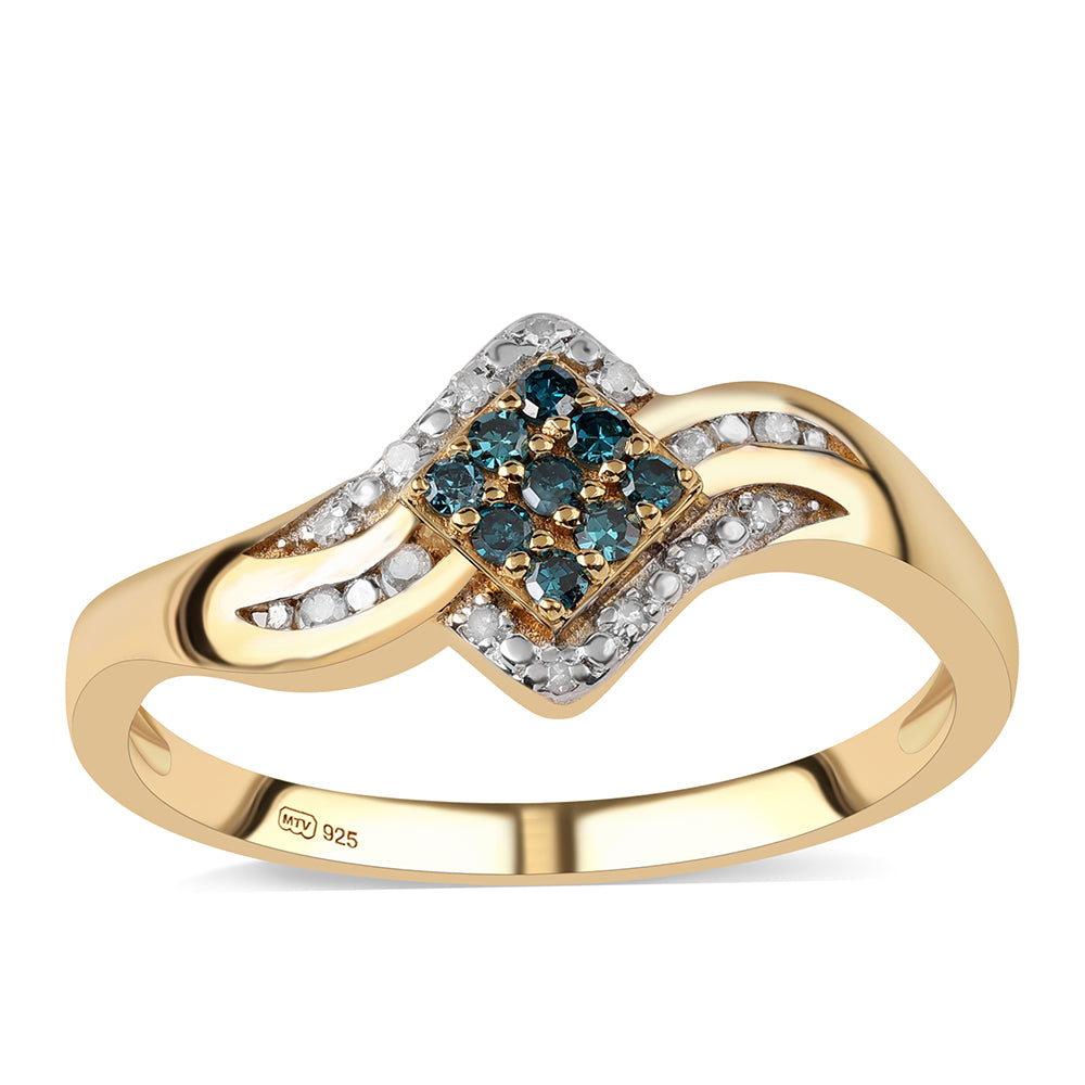 Pozlátený Strieborný Prsteň s Modrým Diamantom a Bielym Diamantom
