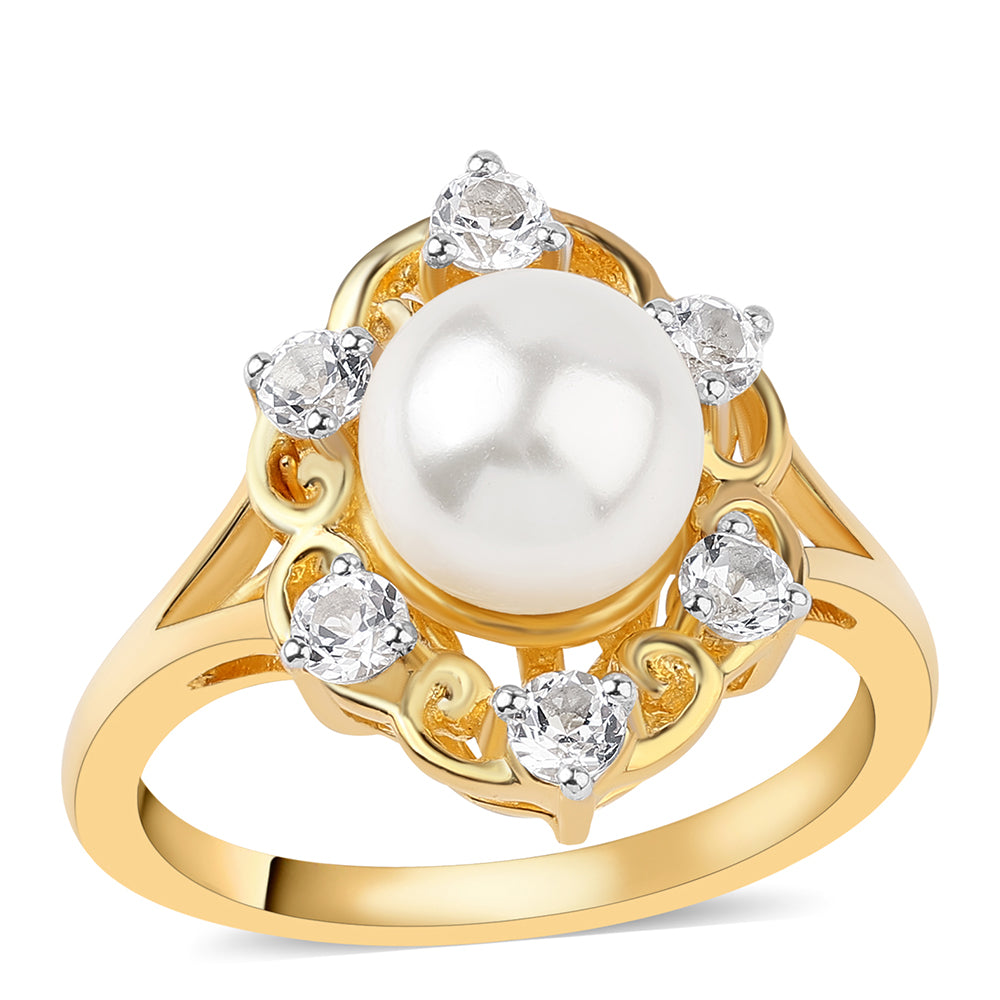 Pozlátený Strieborný Prsteň s Bielou Sladkovodnou Perlou a Bielym Topásom 1 