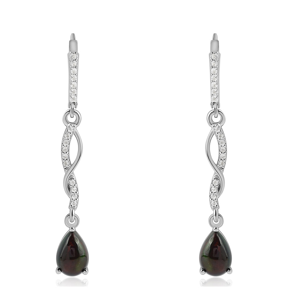 Strieborné Náušnice s Polnočne Čiernym Etiópskym Opálom z Lega Dembi a Bielym Topásom