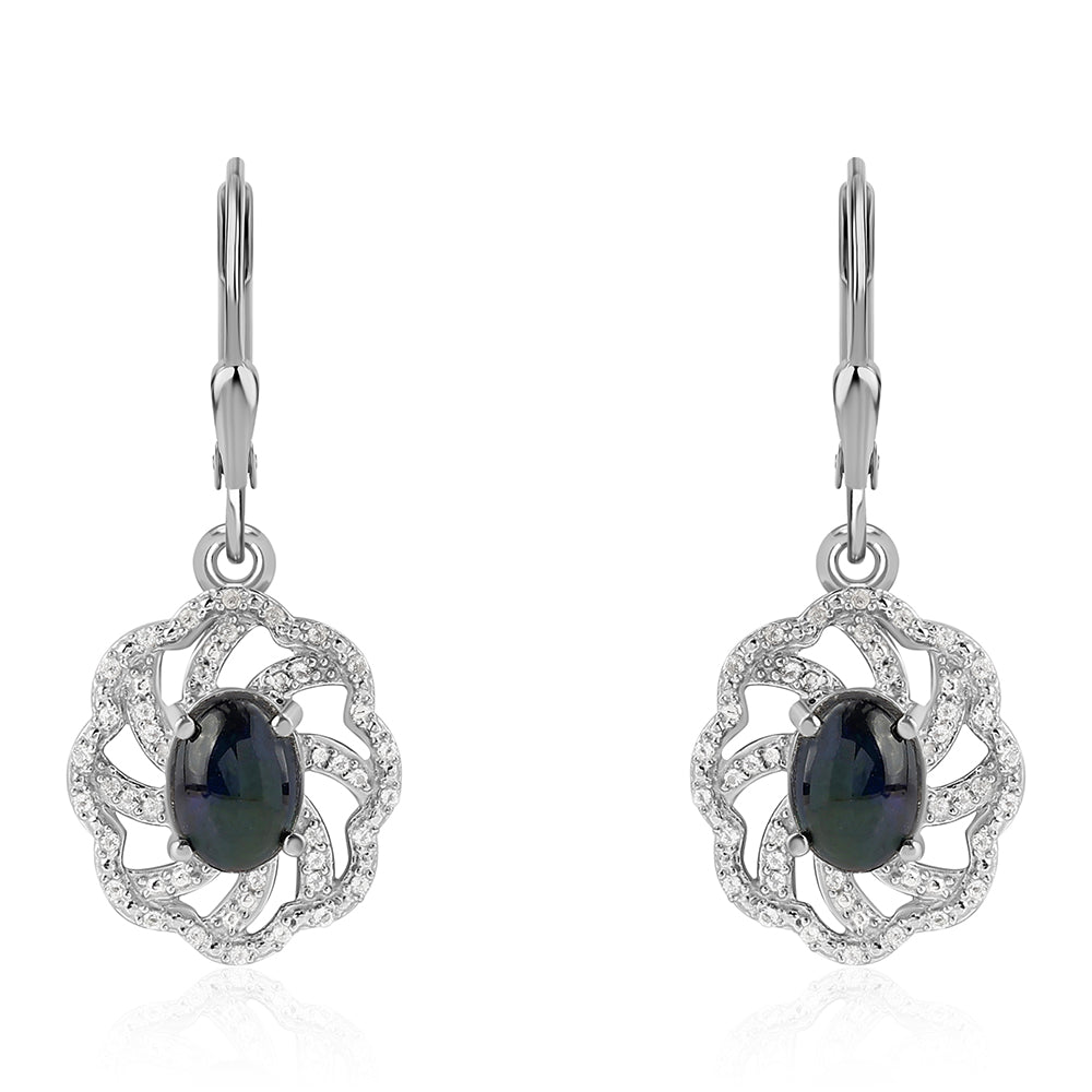 Strieborné Náušnice s Polnočne Čiernym Etiópskym Opálom z Lega Dembi a Bielym Topásom