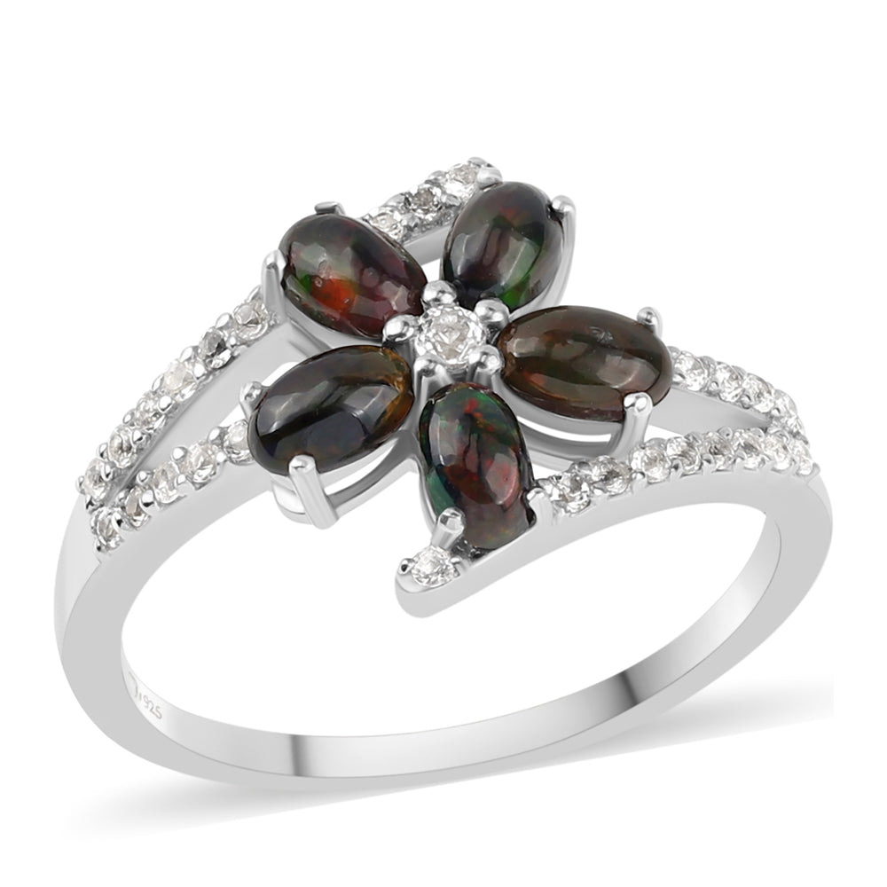 Strieborný Prsteň s Polnočne Čiernym Etiópskym Opálom z Lega Dembi a Bielym Topásom 1 