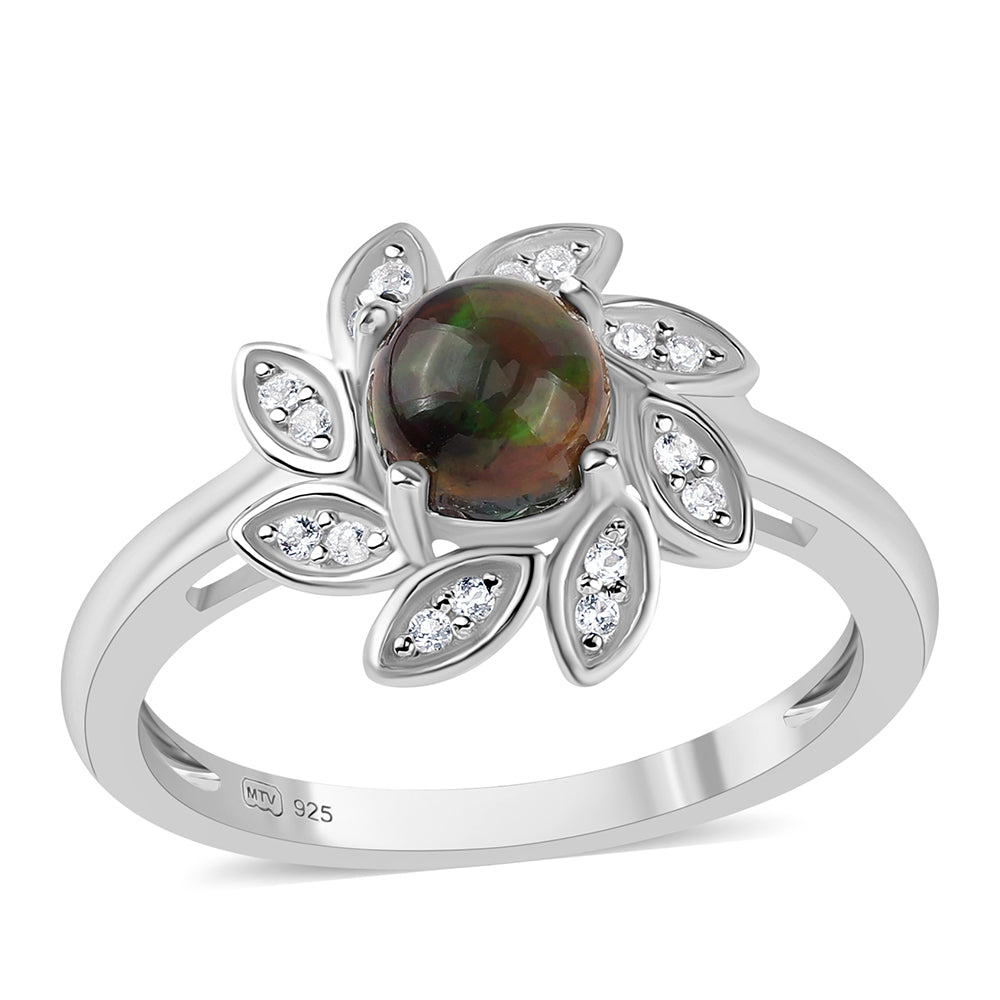 Strieborný Prsteň s Polnočne Čiernym Etiópskym Opálom z Lega Dembi a Bielym Topásom