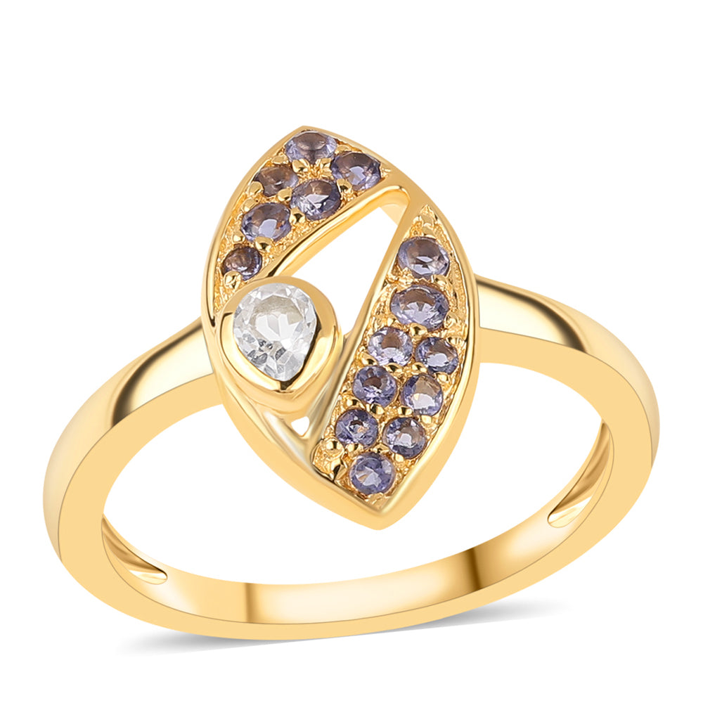 Pozlátený Strieborný Prsteň s Iolitom a Bielym Topásom 1 