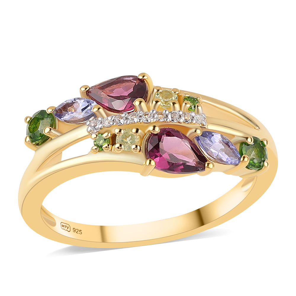 Pozlátený Strieborný Prsteň s Rhodolitovým Granátom a Tanzanitom 1 
