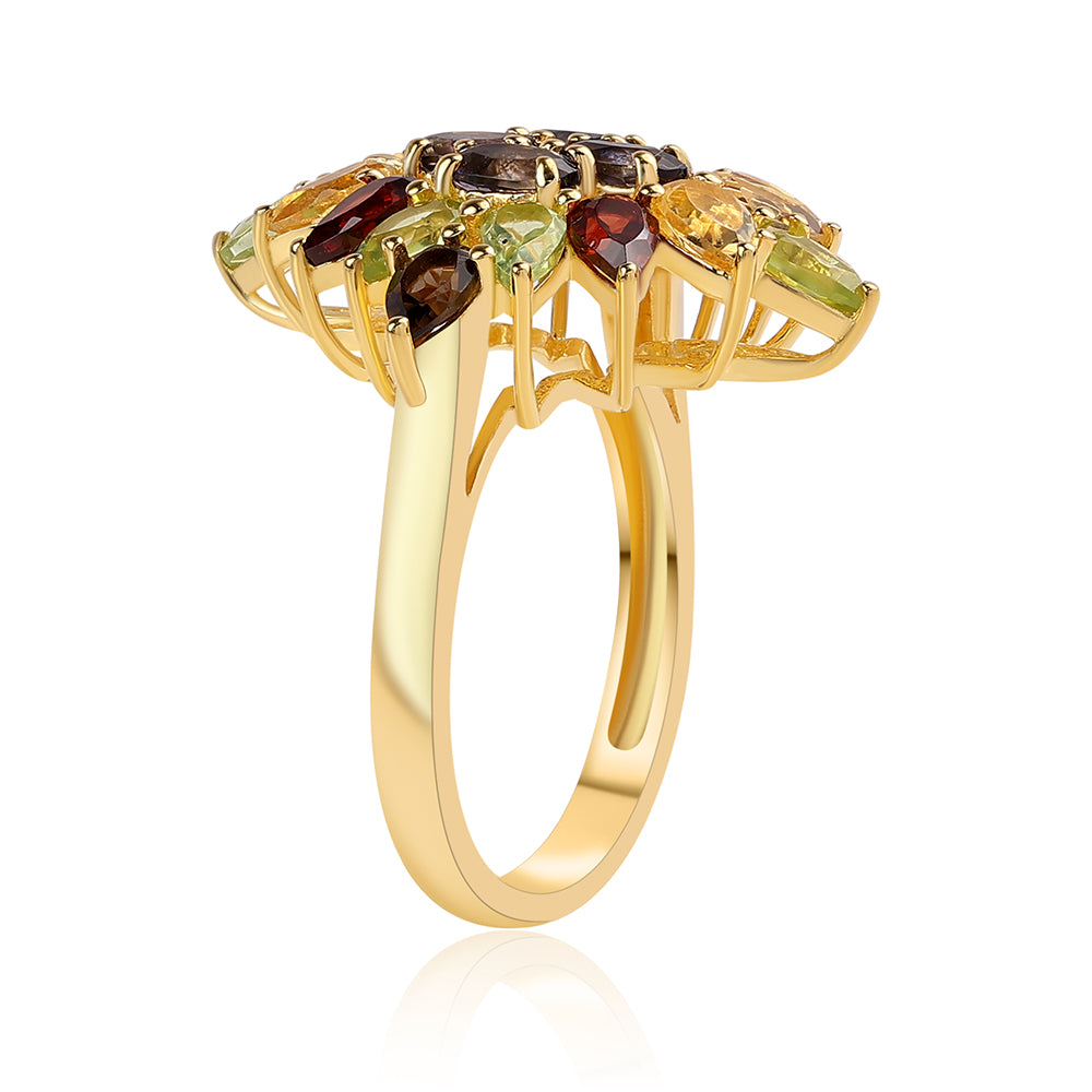 Pozlátený Strieborný Prsteň s Červeným Granátom a Olivínom