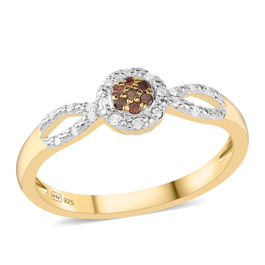 Pozlátený Strieborný Prsteň s Červeným Diamantom a Bielym Diamantom