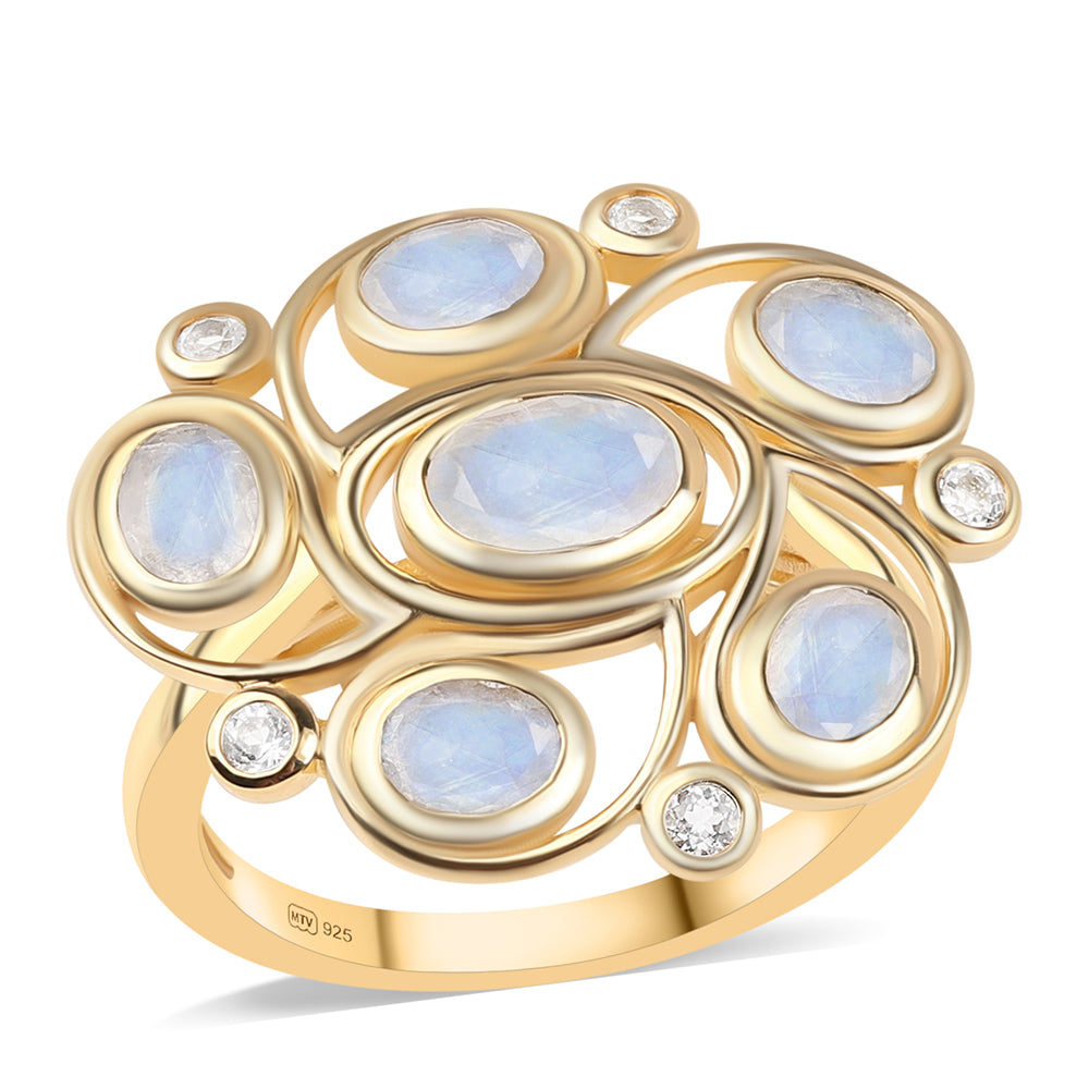 Pozlátený Strieborný Prsteň s AA dúhovým mesačným kameňom a Bielym Topásom