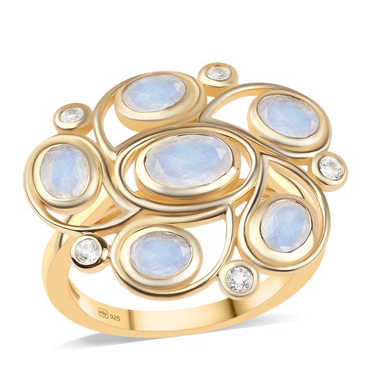 Pozlátený Strieborný Prsteň s AA dúhovým mesačným kameňom a Bielym Topásom