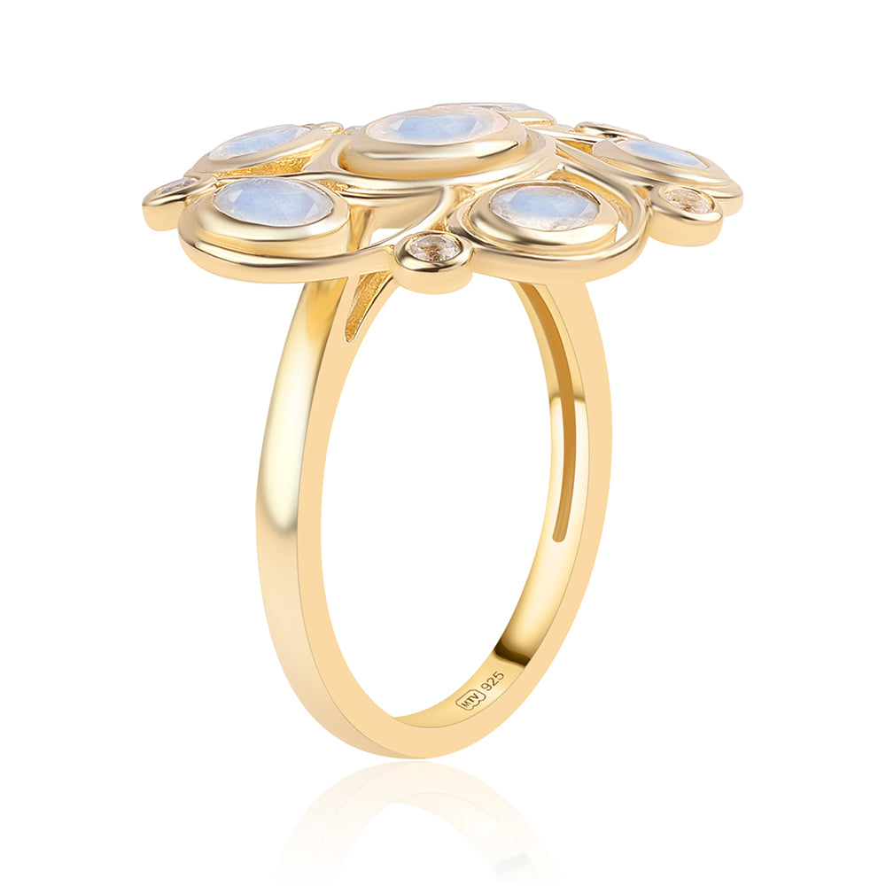 Pozlátený Strieborný Prsteň s AA dúhovým mesačným kameňom a Bielym Topásom
