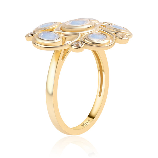 Pozlátený Strieborný Prsteň s AA dúhovým mesačným kameňom a Bielym Topásom