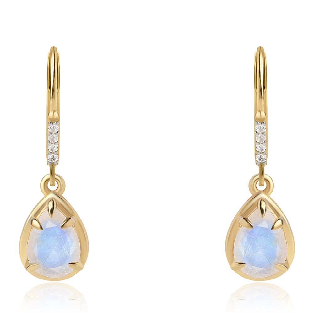 Pozlátené Strieborné Náušnice s AA dúhovým mesačným kameňom a Bielym Topásom