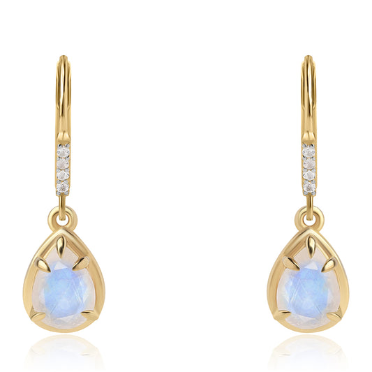 Pozlátené Strieborné Náušnice s AA dúhovým mesačným kameňom a Bielym Topásom