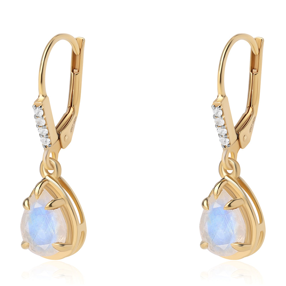 Pozlátené Strieborné Náušnice s AA dúhovým mesačným kameňom a Bielym Topásom 1 