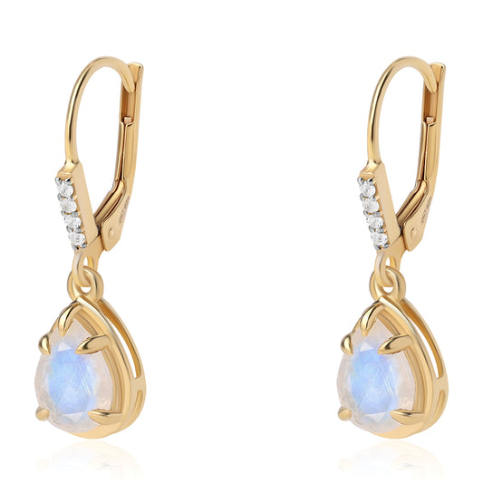 Pozlátené Strieborné Náušnice s AA dúhovým mesačným kameňom a Bielym Topásom