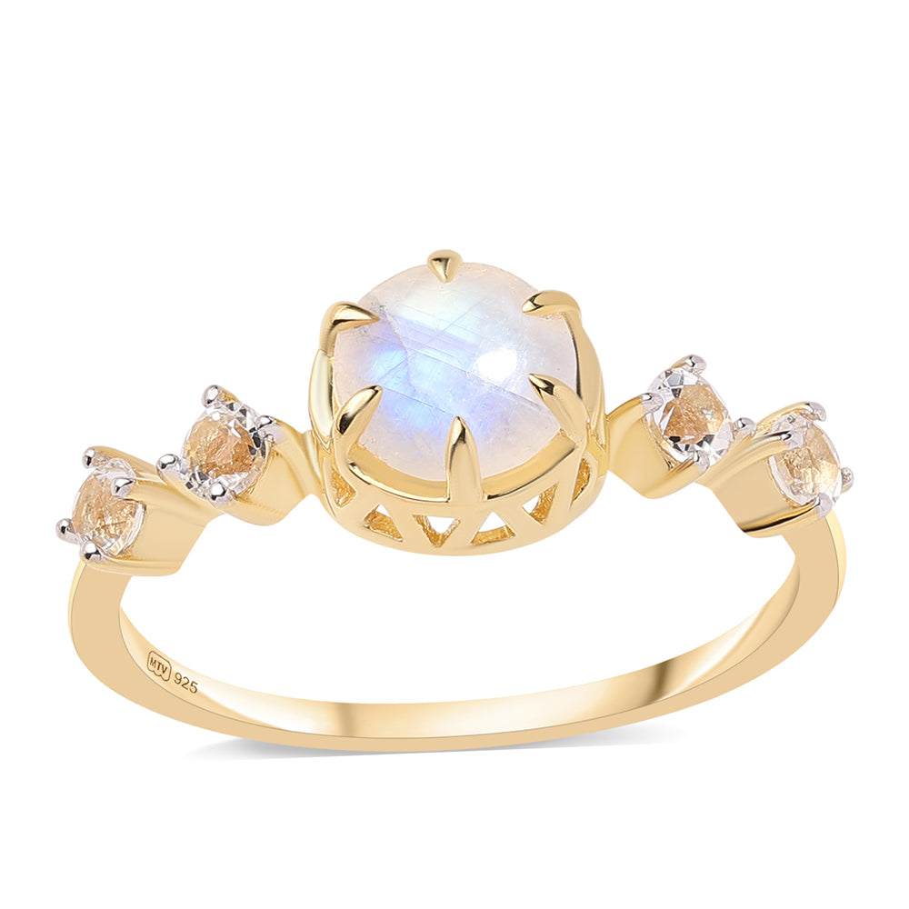Pozlátený Strieborný Prsteň s AA dúhovým mesačným kameňom a Bielym Topásom 1 