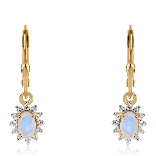Pozlátené Strieborné Náušnice s AA dúhovým mesačným kameňom a Bielym Topásom