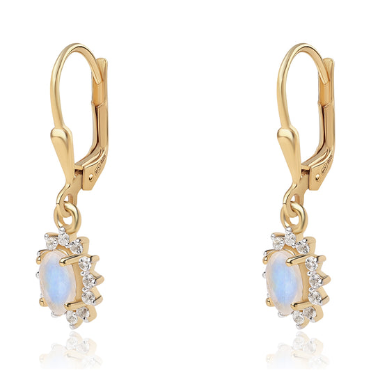 Pozlátené Strieborné Náušnice s AA dúhovým mesačným kameňom a Bielym Topásom