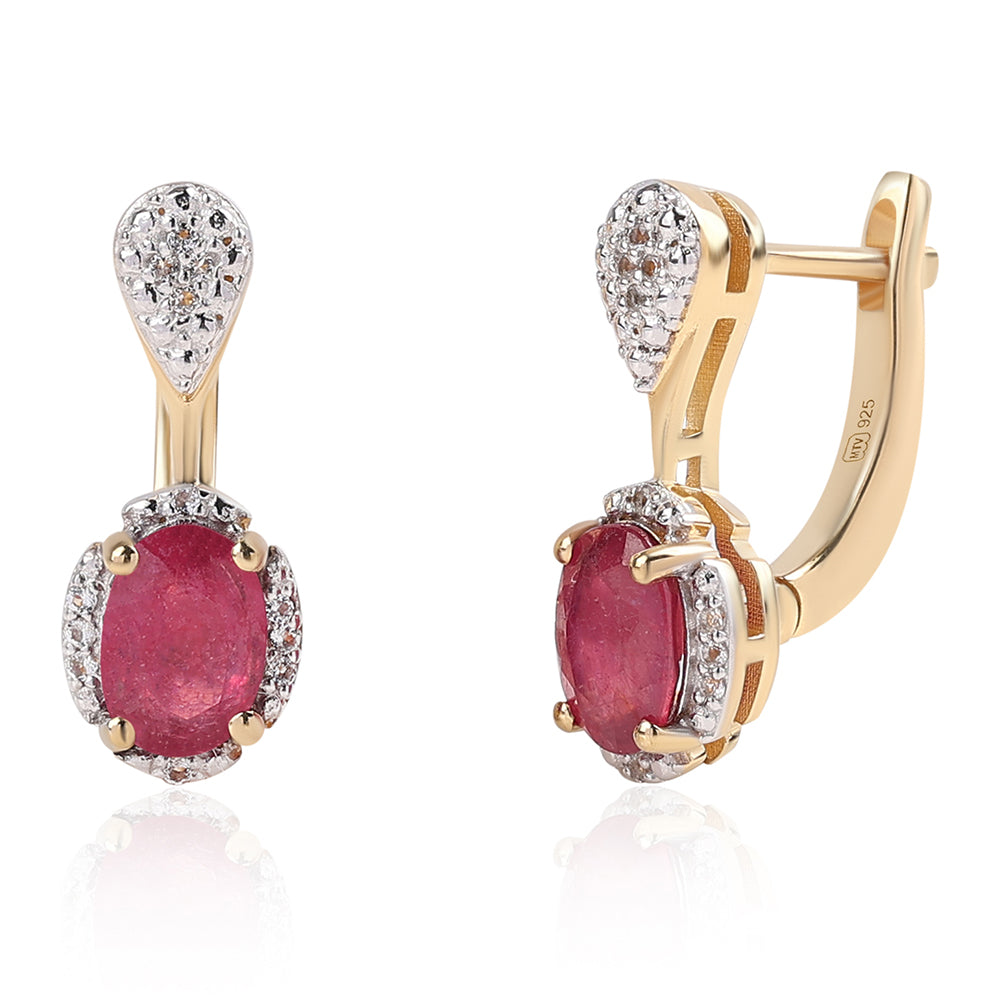 Pozlátené Strieborné Náušnice s Mozambickým Rubínom a Bielym Topásom