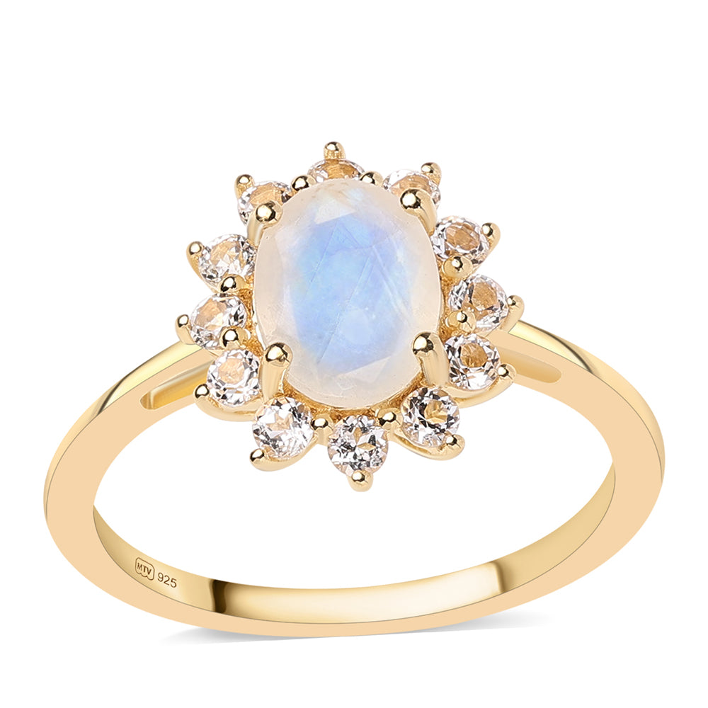Pozlátený Strieborný Prsteň s AA dúhovým mesačným kameňom a Bielym Topásom 1 