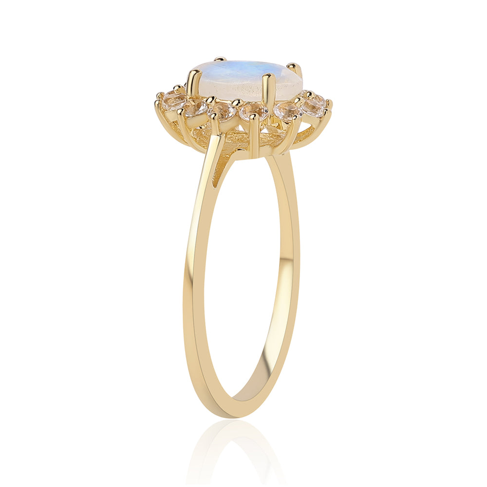 Pozlátený Strieborný Prsteň s AA dúhovým mesačným kameňom a Bielym Topásom 3 