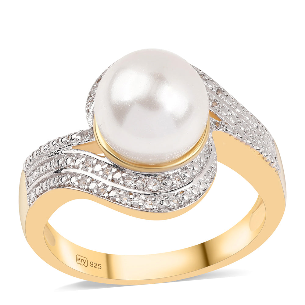 Pozlátený Strieborný Prsteň s Bielou Sladkovodnou Perlou a Bielym Topásom 1 