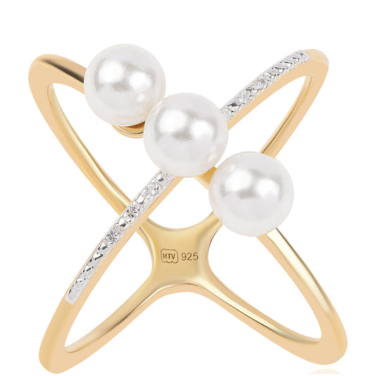 Pozlátený Strieborný Prsteň s Bielou Sladkovodnou Perlou a Bielym Topásom