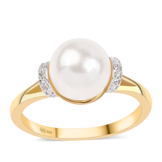 Pozlátený Strieborný Prsteň s Bielou Sladkovodnou Perlou a Bielym Topásom