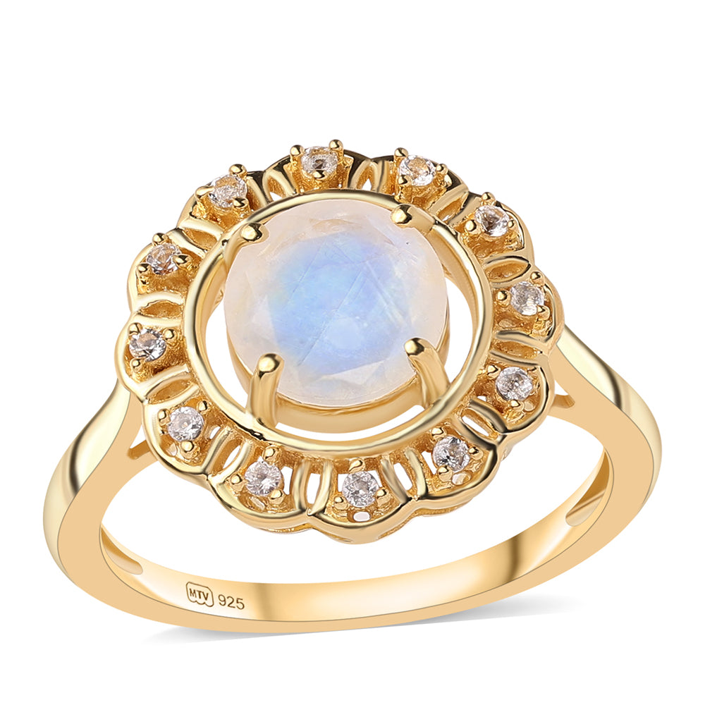 Pozlátený Strieborný Prsteň s AA dúhovým mesačným kameňom a Bielym Topásom 1 