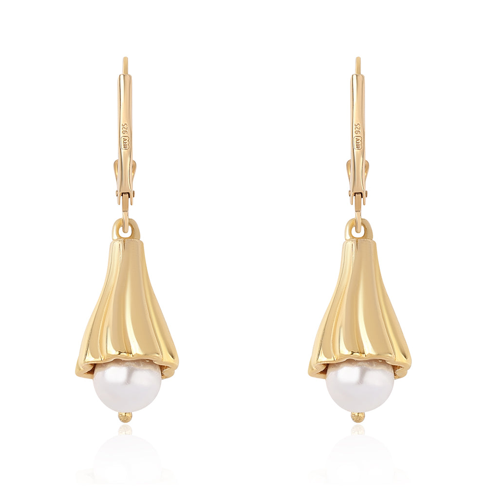 Pozlátené Strieborné Náušnice s Bielou Sladkovodnou Perlou