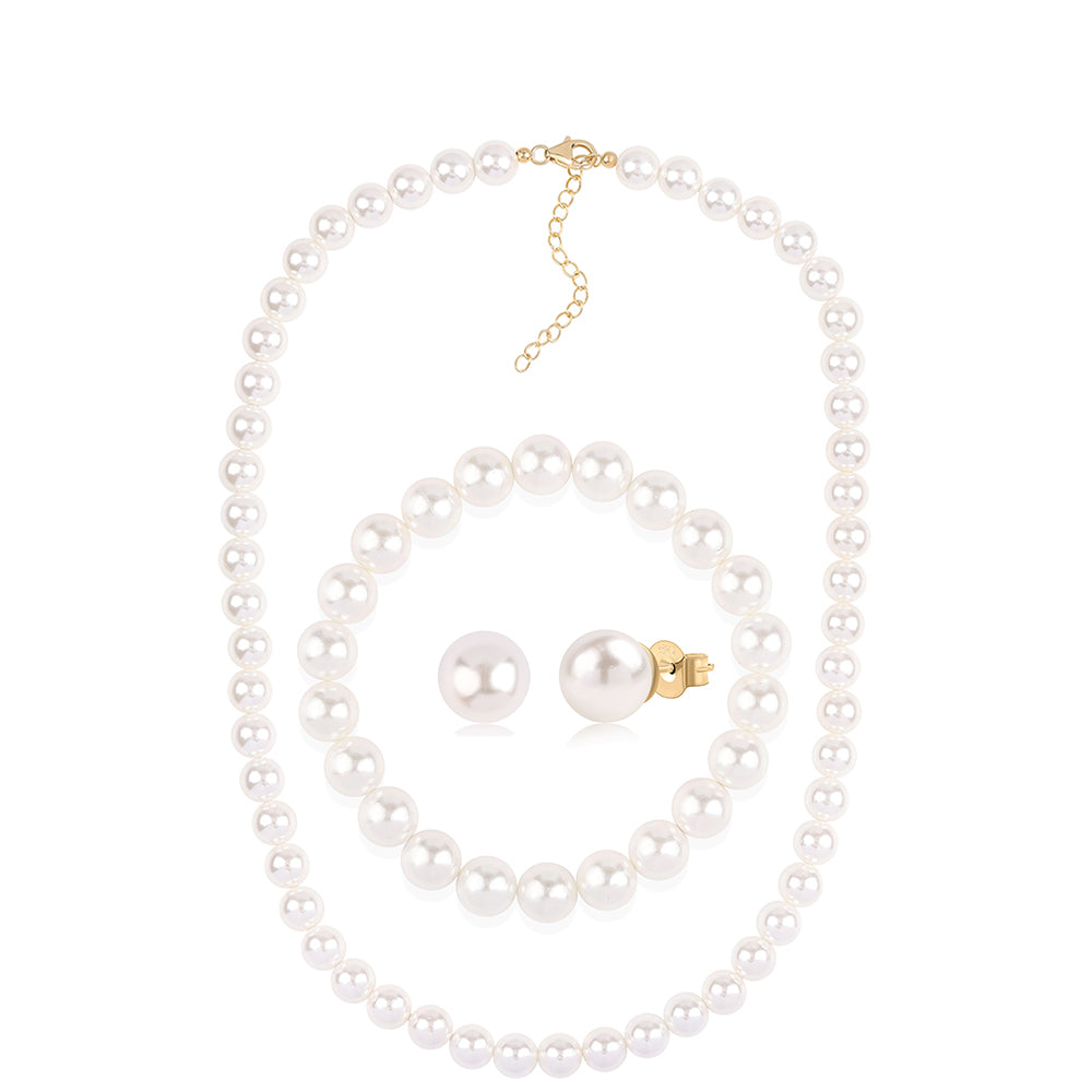 Pozlátené Strieborné Sada s Bielou Sladkovodnou Perlou ( Náhrdelník+Náušnice+Náramok ) 1 