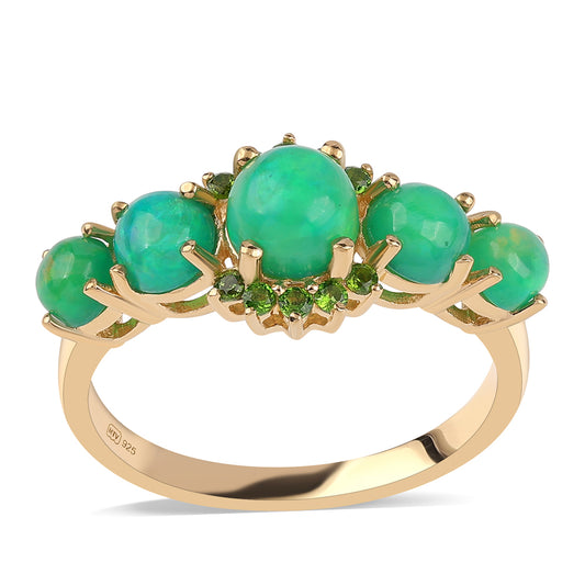 Pozlátený Strieborný Prsteň s so Zeleným Etiópskym Opálom z Lega Dembi a Chrom Diopsidom