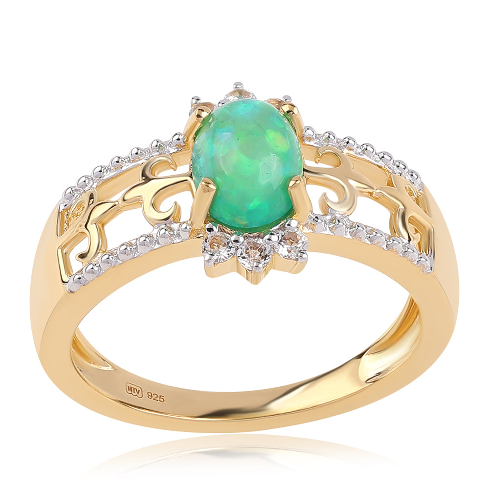 Pozlátený Strieborný Prsteň s so Zeleným Etiópskym Opálom z Lega Dembi a Bielym Topásom 1 