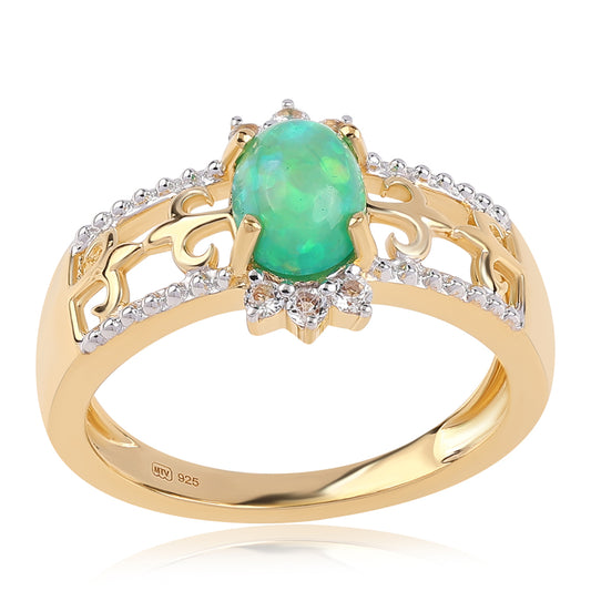 Pozlátený Strieborný Prsteň s so Zeleným Etiópskym Opálom z Lega Dembi a Bielym Topásom