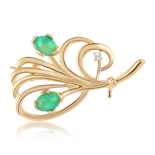 Pozlátený Strieborný Brošňa s so Zeleným Etiópskym Opálom z Lega Dembi a Bielym Topásom